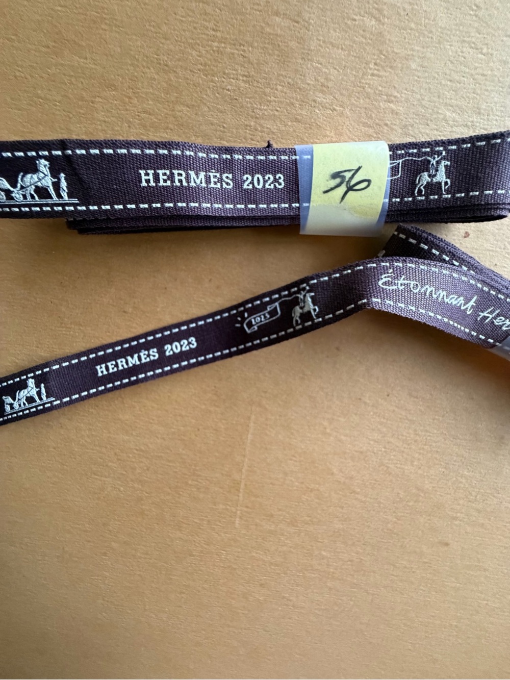 Hermes Brown Ribbon with White Equestrian Print 66” and 56” long